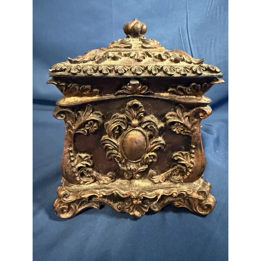 Vintage Ornate Faux Bronze Quartz Clock Trinket Jewelry Box Rococo Style Resin